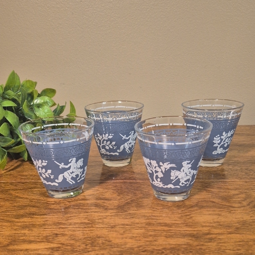VINTAGE "Arabian Knights" Wedgewood Blue Double Shot Small Glasses, Set of 4